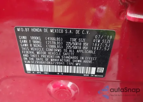 2019 Honda Hr-V Sport from USA, damaged, VIN 3CZRU6H10KG728941